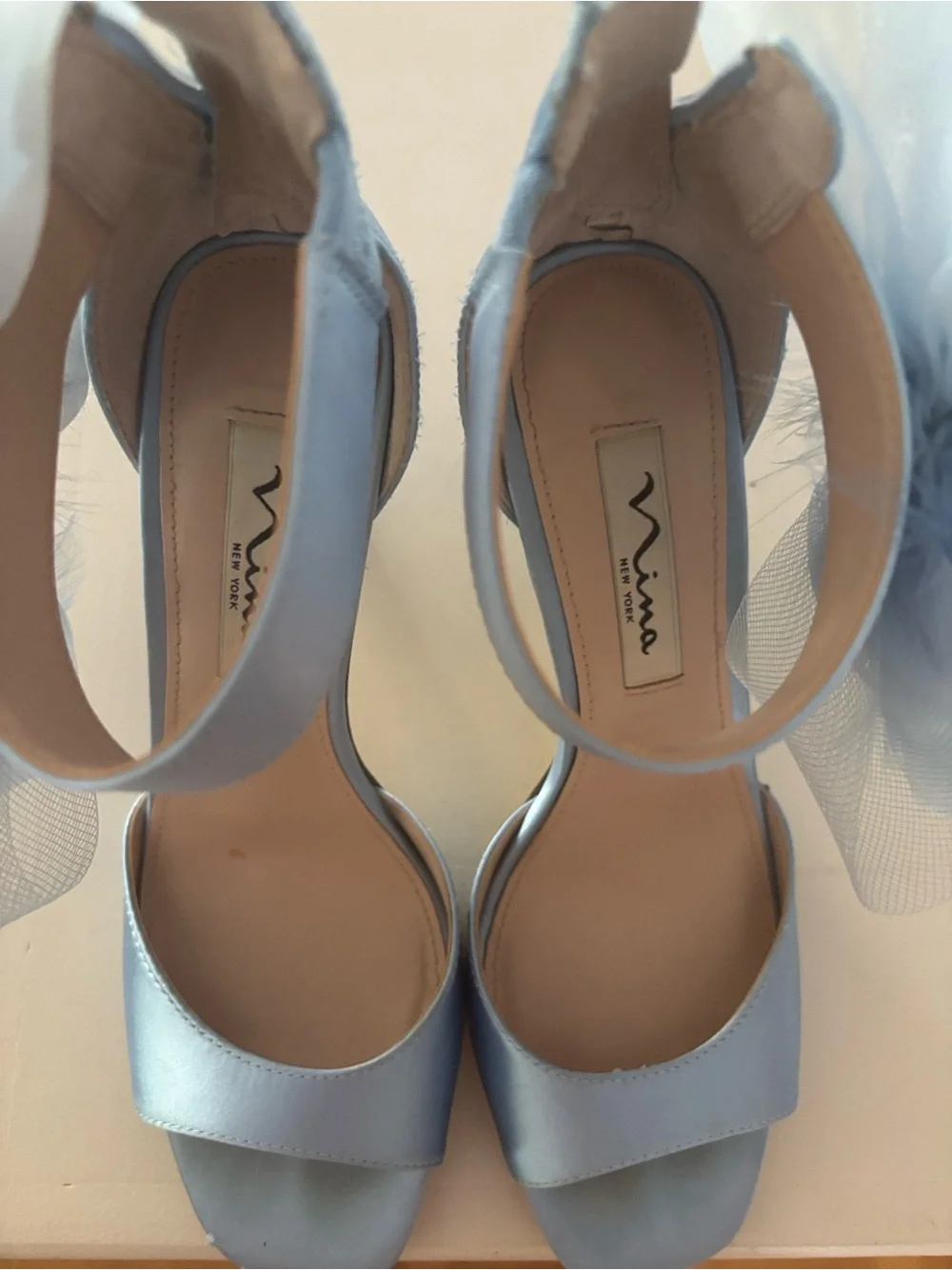 Nina Powder Blue Feather Flower High Heel Sandals